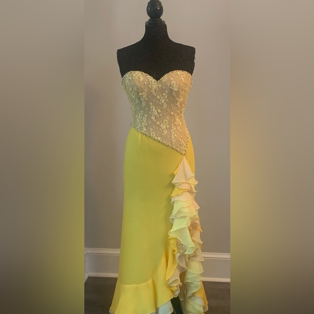 Jovani Yellow Strapless Evening Gown